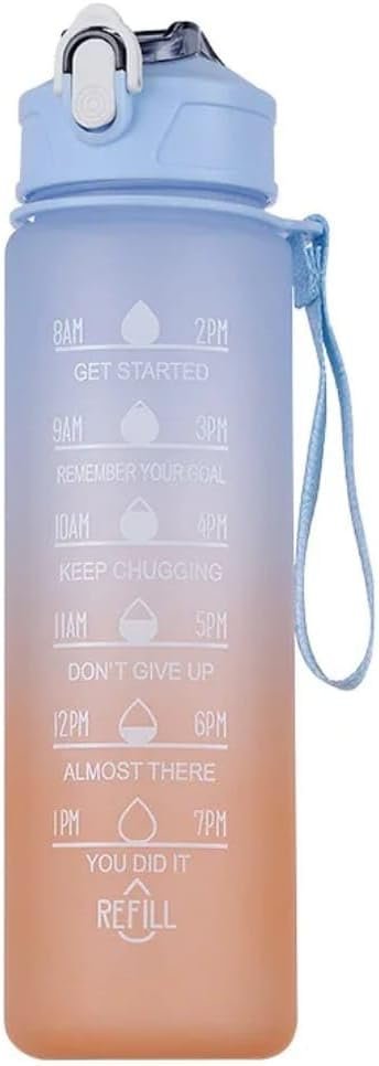 Motivational Water Bottle with Time Markers, 25oz, Gradient Blue-Orange, Leak-Proof Lid with Strap
