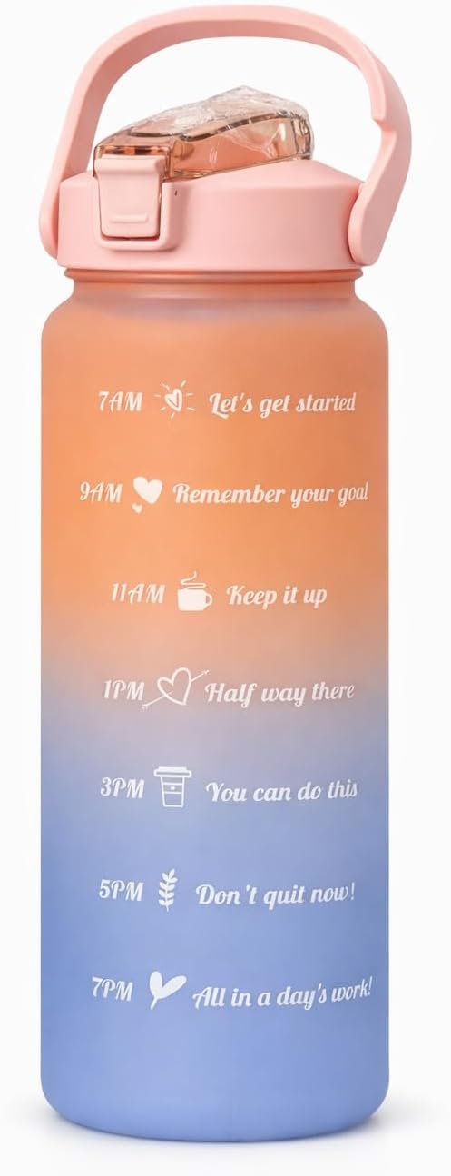 Motivational Water Bottle with Time Marker, Gradient Color, 42 oz, BPA-Free, Leak-Proof Flip-Top Lid with Handle (Orange Blue Ombre)