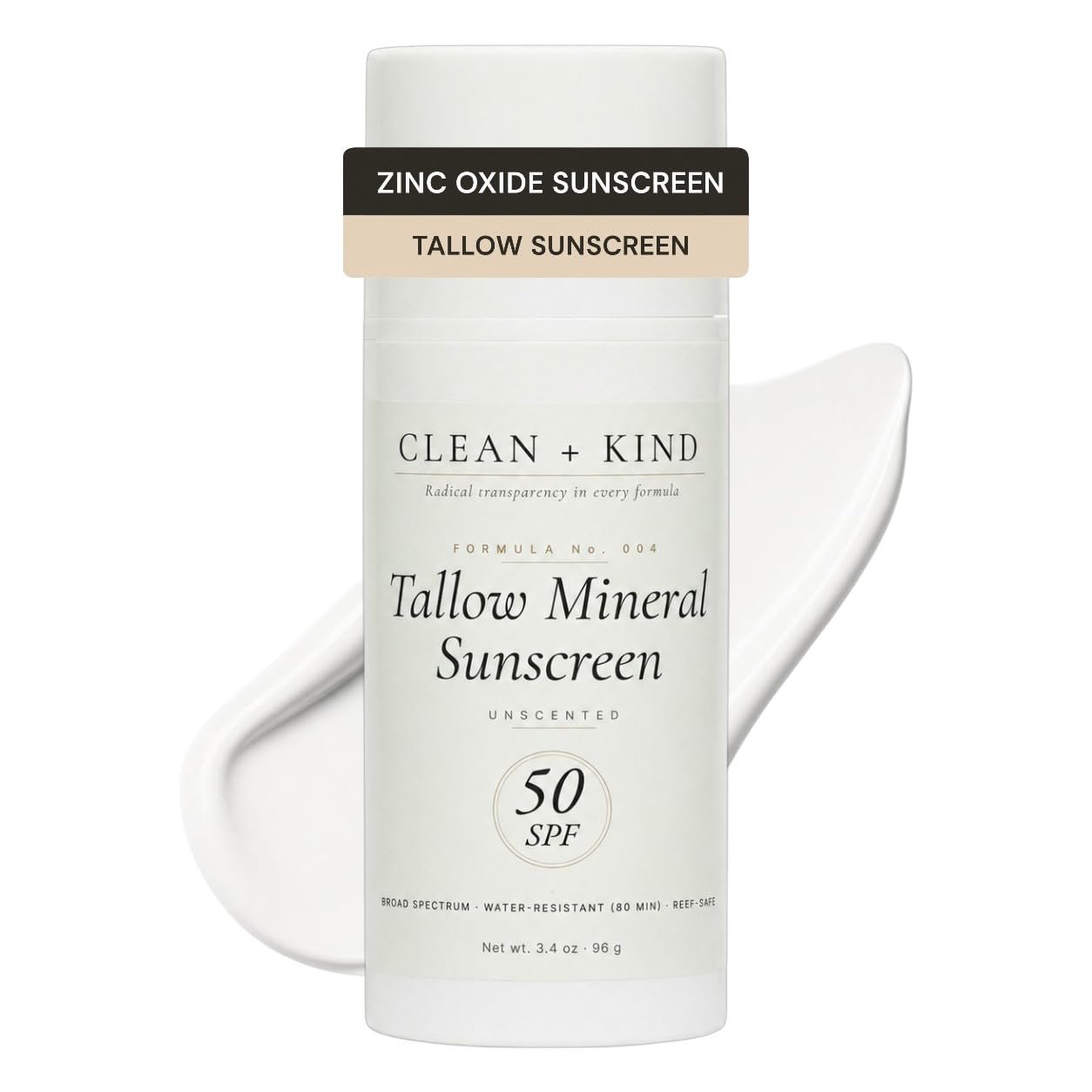 Organic Beef Tallow Sunscreen SPF 50 Unscented — Fragrance-Free Non-Nano Zinc Oxide Mineral Sunblock, Non-Toxic Natural Reef-Safe Water-Resistant Face & Body Sun Protection (3.4 oz)