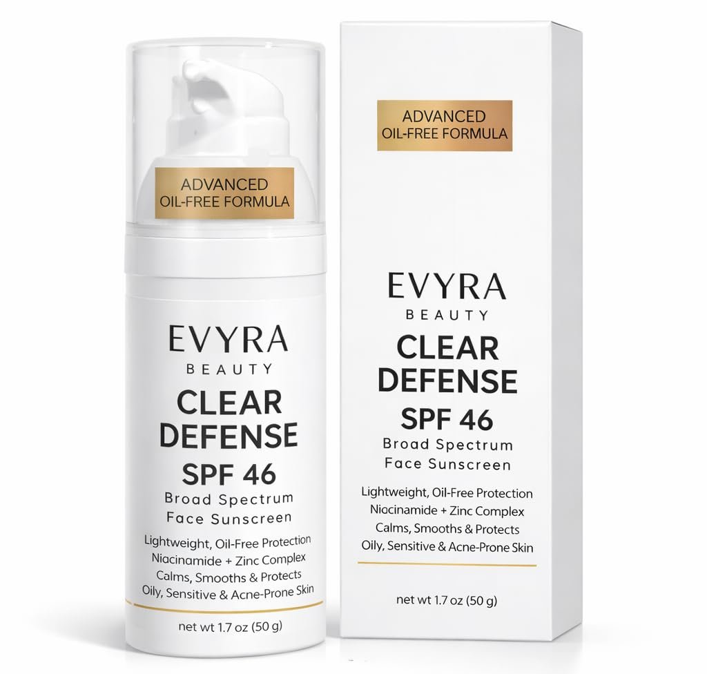 EVYRA Clear Defense SPF 46 Sunscreen Lotion for Face Broad Spectrum UV Protection, Niacinamide + Zinc PCA Oil Control, Lightweight Non-Greasy, No White Cast, Water-Resistant, For Oily/Acne-Prone Skin