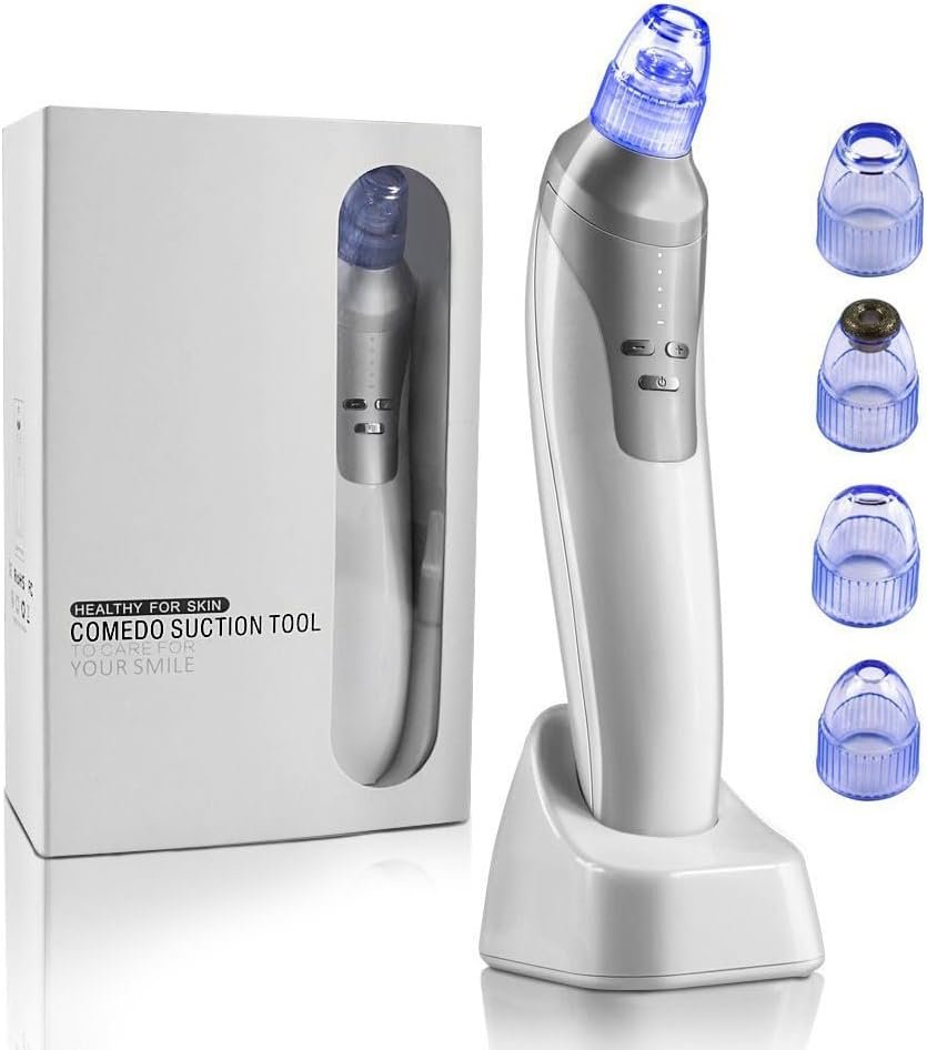4-in-1 Microcrystalline Blackhead Remover Vacuum with Base – Adjustable Suction Pore Cleaner, Detachable Heads for Women and Men (White)
