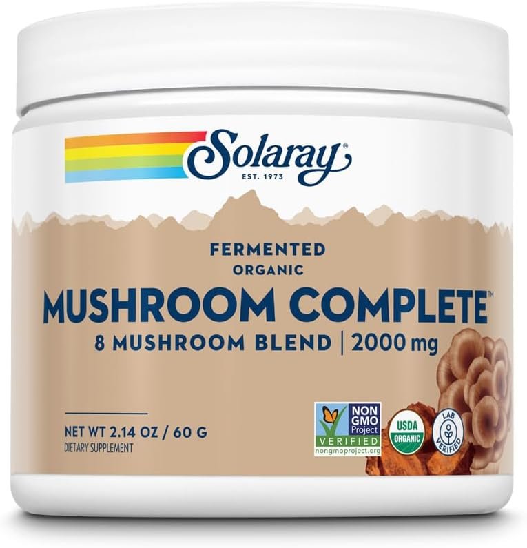 SOLARAY Fermented Organic Mushroom Complete Powder – 8 Mushroom Blend Supplement for Men & Women, Lion’s Mane, Turkey Tail, & Chaga Blend, 2000 mg per Serving – 60g, 30 Servings