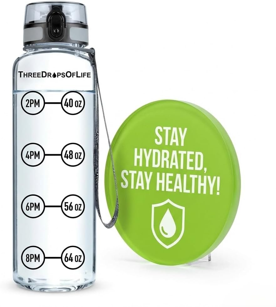 Three Drops of 32oz Hydration Tracking Bottle, Clear Sports Measurement Container, Measuring Water Intake, H2o Bottle To Track Daily Water Intake with Time Stamps