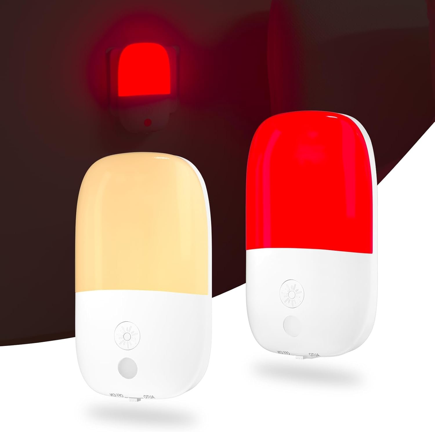 670nm Red Light Night Light for Sleep Therapy, Dimmable Amber Night Light with Dusk-to-Dawn Sensor, Zero Blue Light Plug-in Nightlight for Nursery, Bedroom, Bathroom, 2-Pack