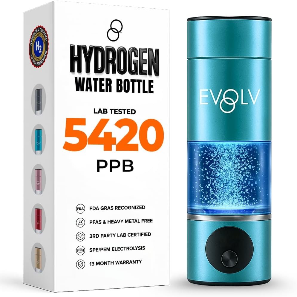 EVOLV Hydrogen Water Bottle Generator – SPE & PEM Water Ionizer 5.4PPM, Highest H2 Concentration – Portable 8oz Hydrogenated Water Bottle – Leak-Proof Hydrogen Water Machine, Easy to Use – Turquoise