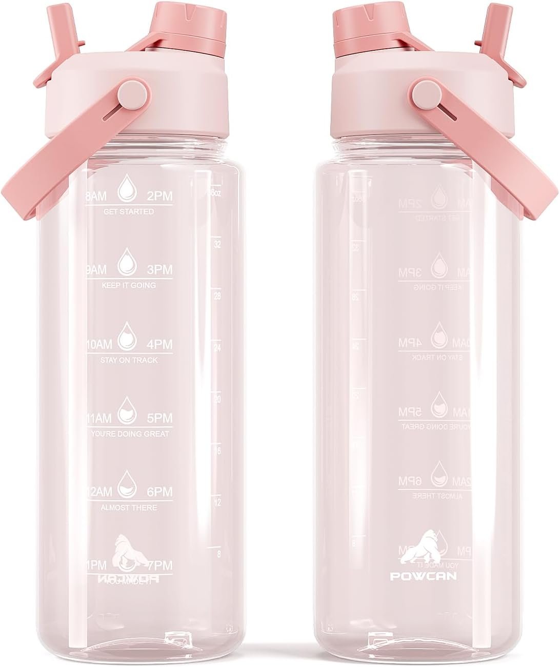 POWCAN 40 oz Plastic Water Bottle with 2-in-1 Lid, Hand Wash Only, Motivational Water Bottle with Time Marker, Leakproof, BPA-Free, Wide Mouth for Gym, Sports, School, Office and Hiking (Cotton Candy)