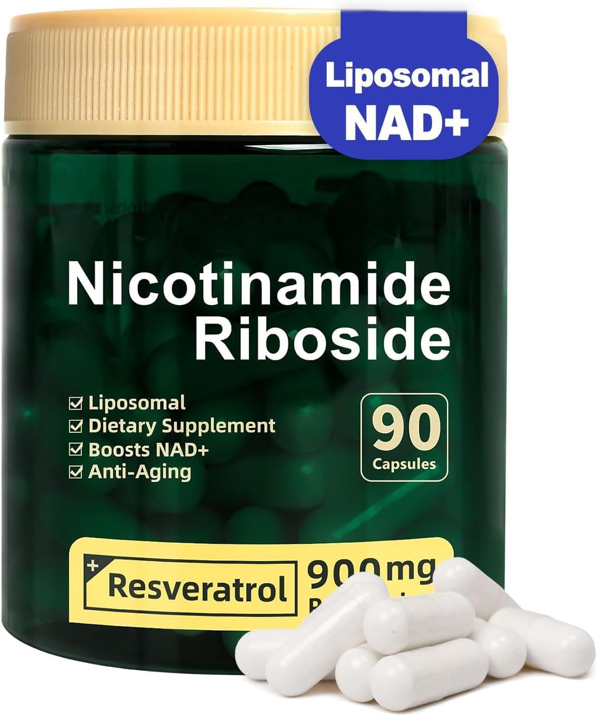 Liposomal NAD+ Supplement, Nicotinamide Riboside with Resveratrol 900mg for Women and Men, High Purity NAD Booster Supplement for Energy & Healthy Aging – 90 Capsules