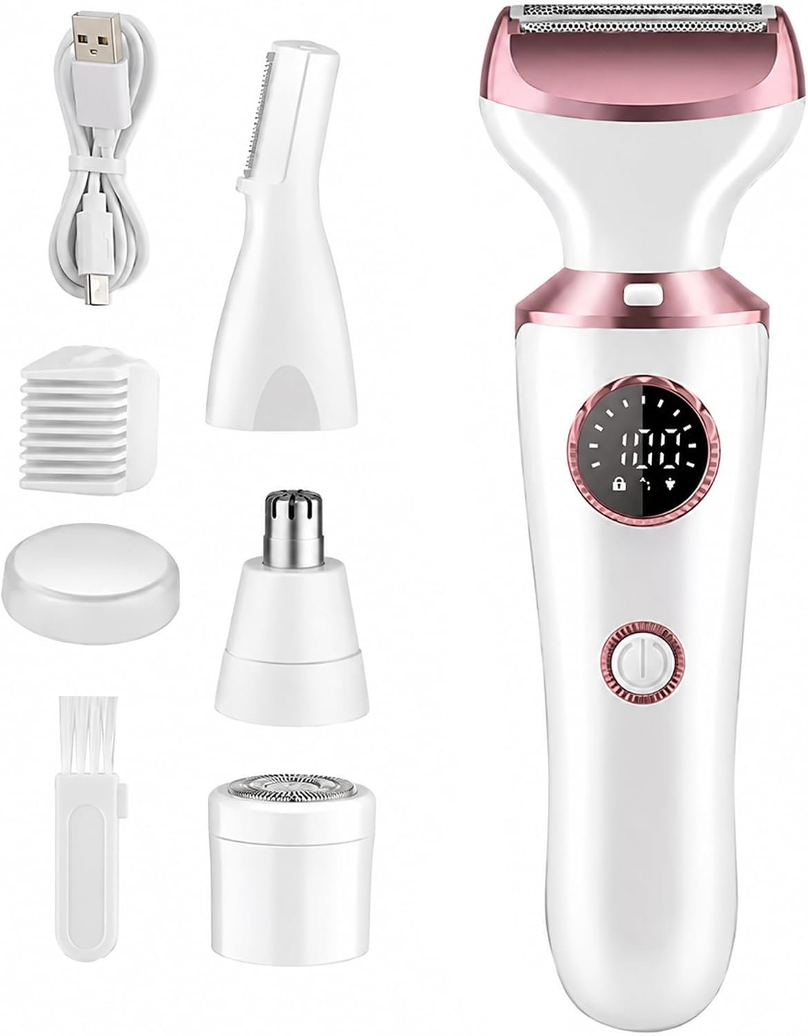 Electric Razor for Women, 4-in-1 Bikini Trimmer & Body Shaver for Face, Legs, Underarms, Pubic Hair, Rechargeable Wet/Dry Painless Hair Removal with LED Light & Travel Lock