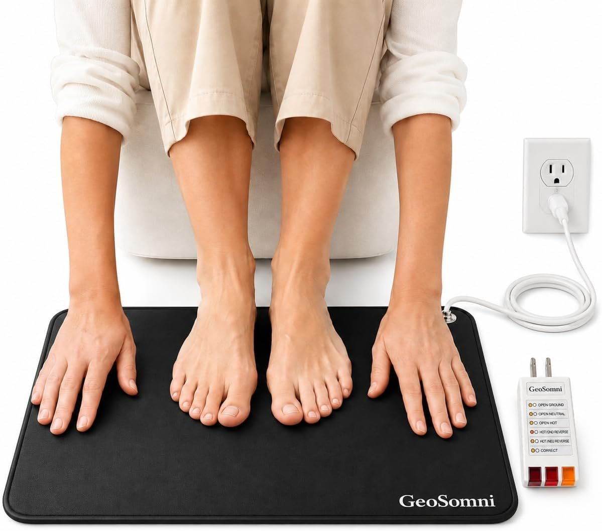 Grounding Mat for Feet – 24” x 16” with Outlet Tester | Earthing Mat for Sleep & Pain Relief – 15 foot cord, Natural Rubber Base, 100kΩ Safety Resistor