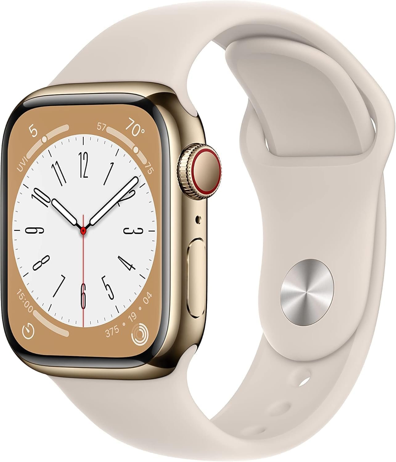 Apple Watch Series 8 (GPS + Cellular, 41MM) Gold Stainless Steel Case with Starlight Sport Band – S/M (Renewed)