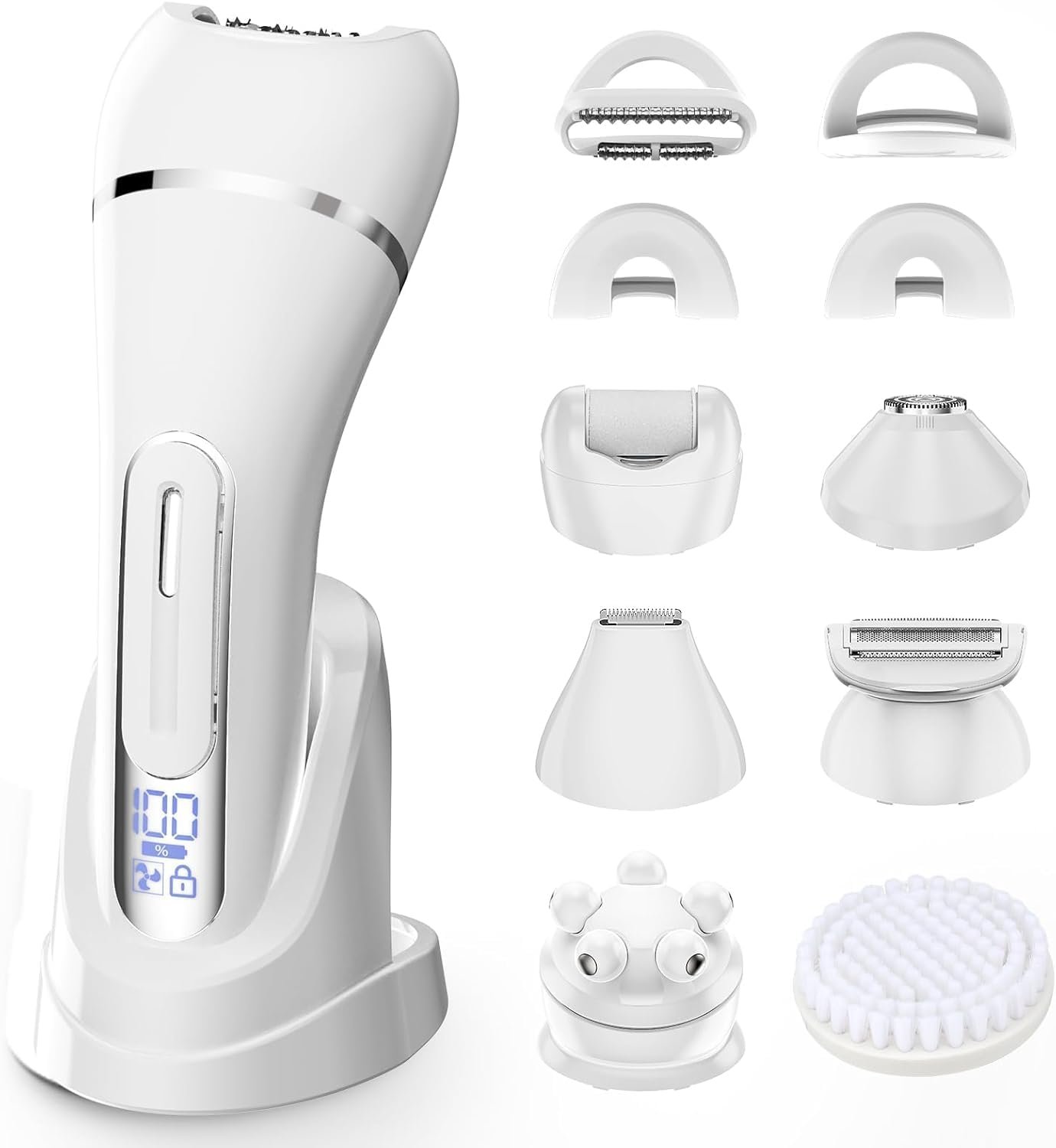 7-in-1 Bikini Trimmer for Women – Painless Electric Razors for Silk Skin, Body Hair Trimmer for Face Legs Underarms, Waterproof Wet & Dry Rechargeable Lady Shaver with USB Dock, IPX7, White