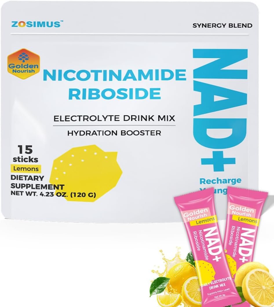 Electrolytes Powder Packets with NAD+ Supplement (Sugar Free) (Energy & Healthy Aging) Daily Hydration Drink Mix for Men & Women (Pack of 15, Lemon)