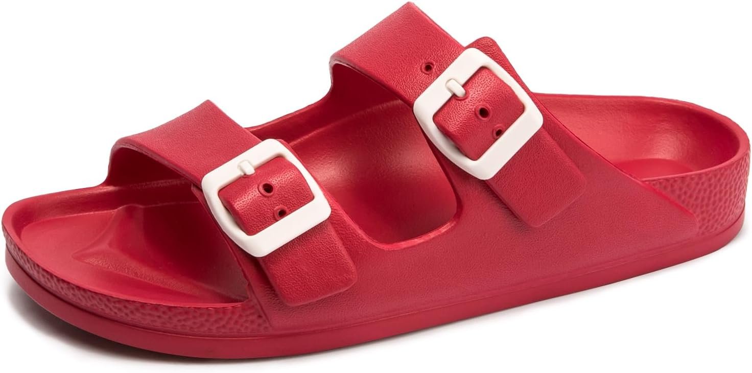 FUNKYMONKEY Women’s Comfort Slides with Arch Support, Non-Slip Lightweight Foam Slip-on Flat Beach Sandals with Adjustable Buckle for Vacation & Everyday Wear