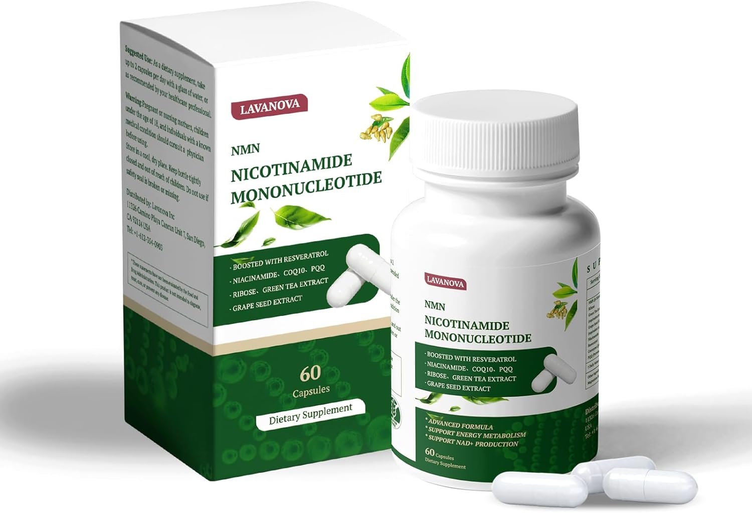LAVANOVA NAD+ Supplement for Women, NMN Supplement 500mg with Nicotinamide Mononucleotide and Resveratrol, Supports NAD+ Levels & Cellular Energy, Anti-Aging & Longevity, 60 Capsules