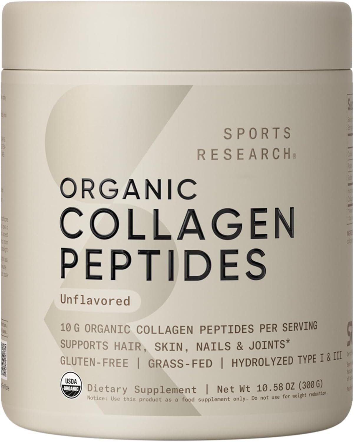 Sports Research® Organic Collagen Peptides Powder, 30 Servings (Unflavored) | Hydrolyzed Type I & III Made Sustainably from Grass-Fed Cows – USDA Organic, Non-GMO, Gluten Free