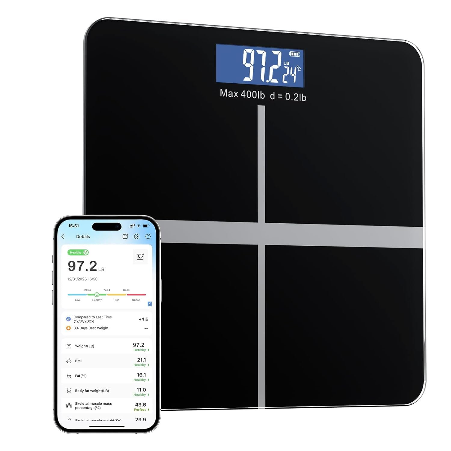 Bluetooth Digital Weight Scale, High-Precision Body Fat and Muscle Mass Analyzer, Supports Companion App to Store and Compare Historical Health Metrics Including Body Fat Percentage and Metabolic Age