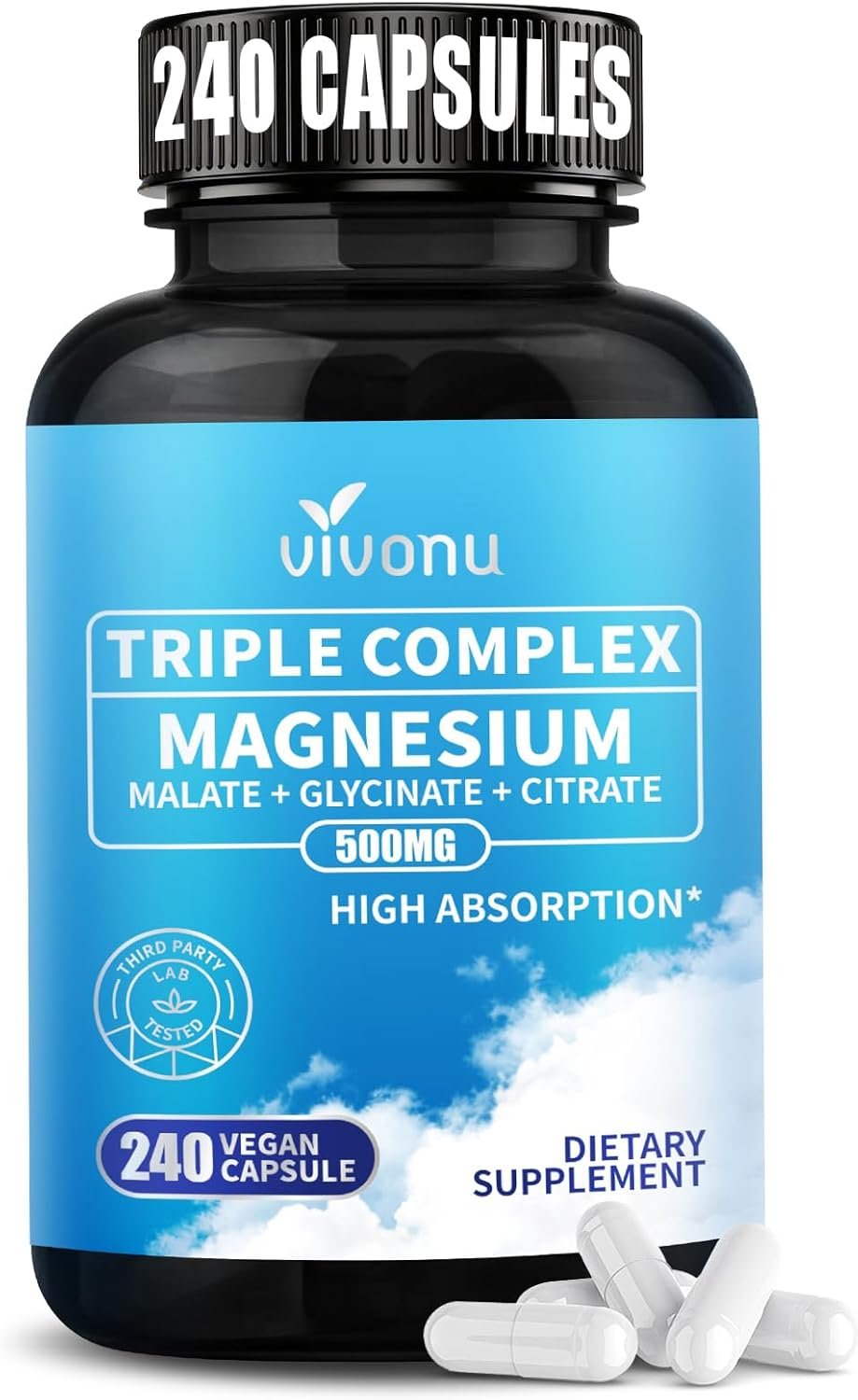 Triple Magnesium Complex for Women and Men, Magnesium Glycinate 400mg, Malate, Citrate, High Absorption Chelated Magnesium Supplement Support Sleep, Muscle, Non-GMO, Gluten Free – 240 Capsules