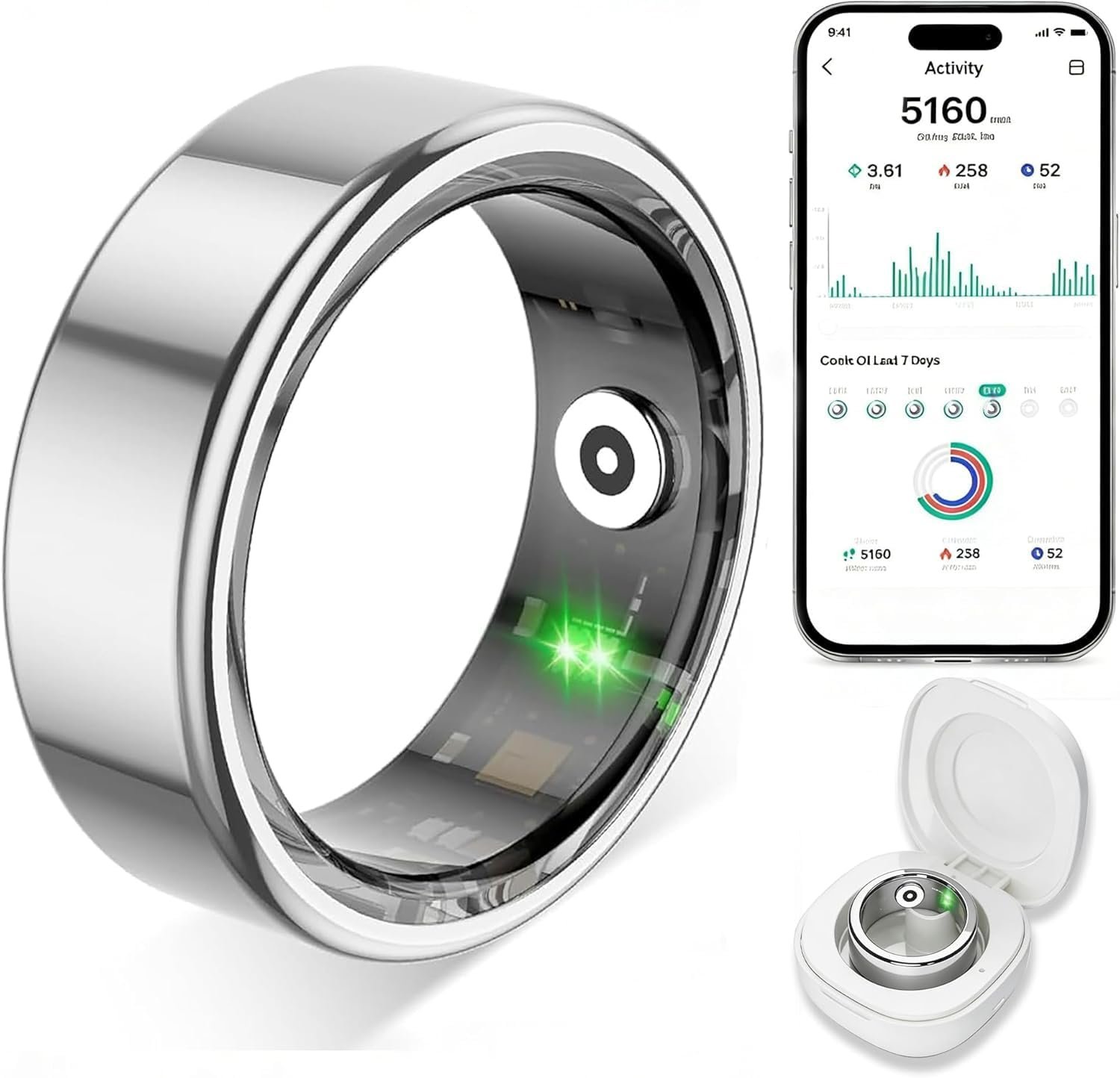 Smart Ring for Women Men,Fitness Tracker Ring with Heart Rate, Sleep Monitoring, Blood Oxygen, Step Counting for iOS and Android, No Subscription Fee, Waterproof (Silver,9)