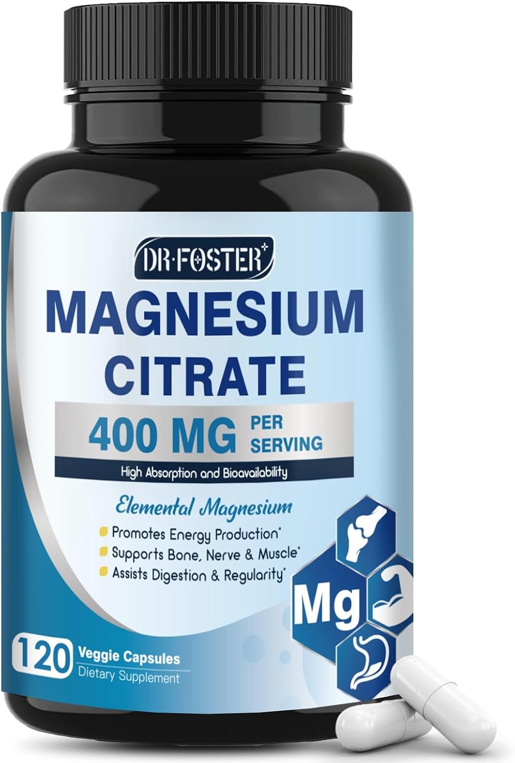 DRFOSTER Magnesium Citrate Capsules – High Absorption Pure Magnesium Supplement 400 mg for Constipation, Sleep, Muscle & Heart Support – Non-GMO 120 Vegan Capsules
