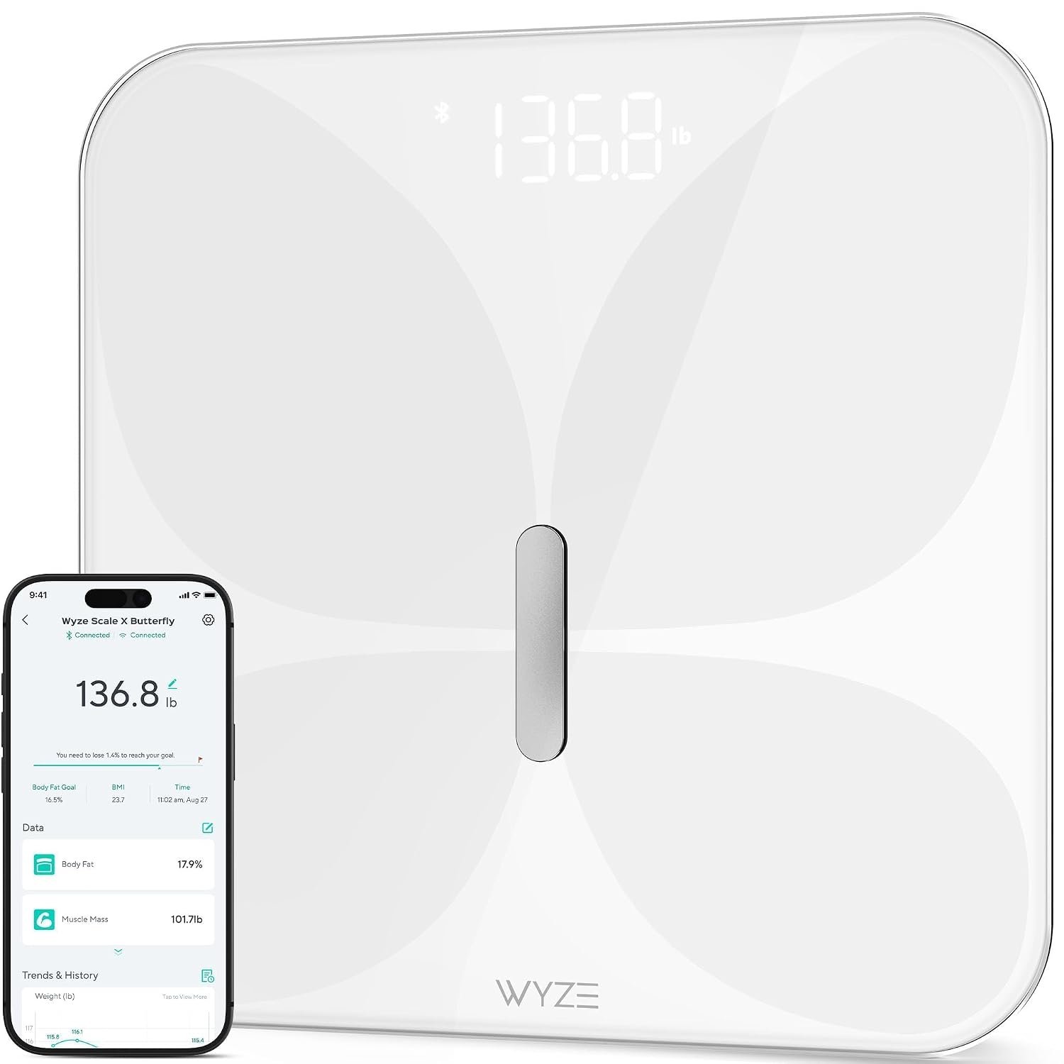 Wyze Smart Scale X Butterfly – Bathroom Scale for Body Weight, BMI, Body Fat, Muscle Mass, Accurate Bluetooth Digital Scale for Body Composition Analyzer | Sync Health Apps | ITO Glass, 400 lbs, White