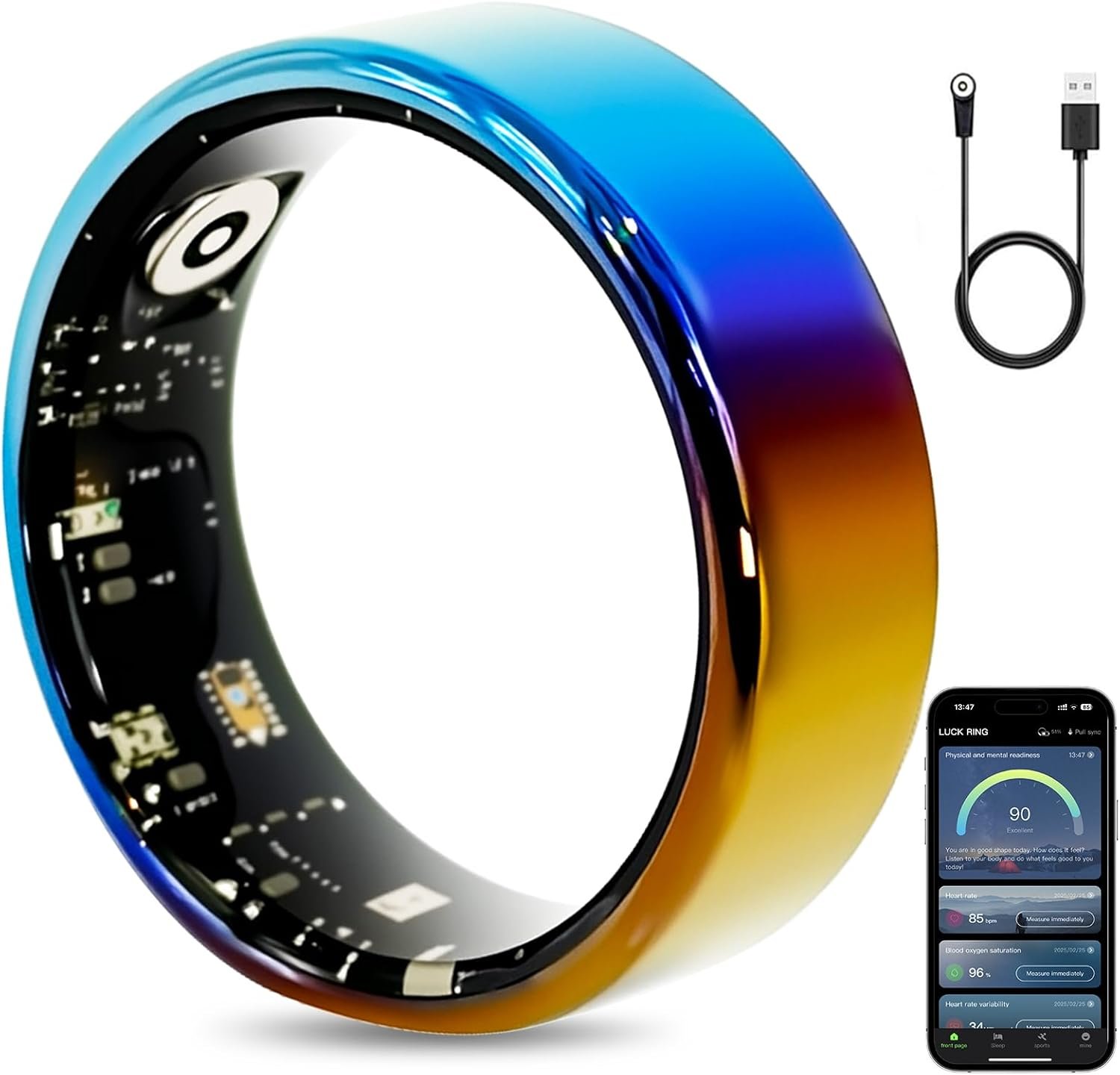 Mirlray Smart Ring for Women & Men, Smart Ring Health Tracker, Blood Oxygen & Heart Rate Monitor, Long Lasting Battery Sleep Ring, Waterproof Fitness Ring (Ti-Blue, 6)