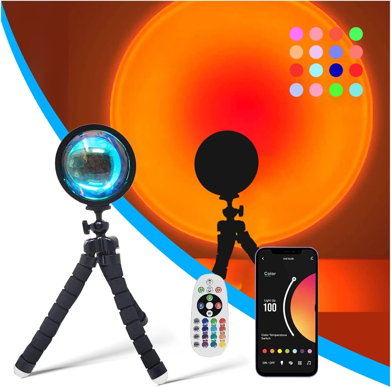 Sunset Projection Lamp, 16 Preset Colors Sunset Lamp Projector Tiktok Lights with Remote and App Controlled 360 Degree Rotation USB Sunlight Lamp with 4 Modes Night-Light