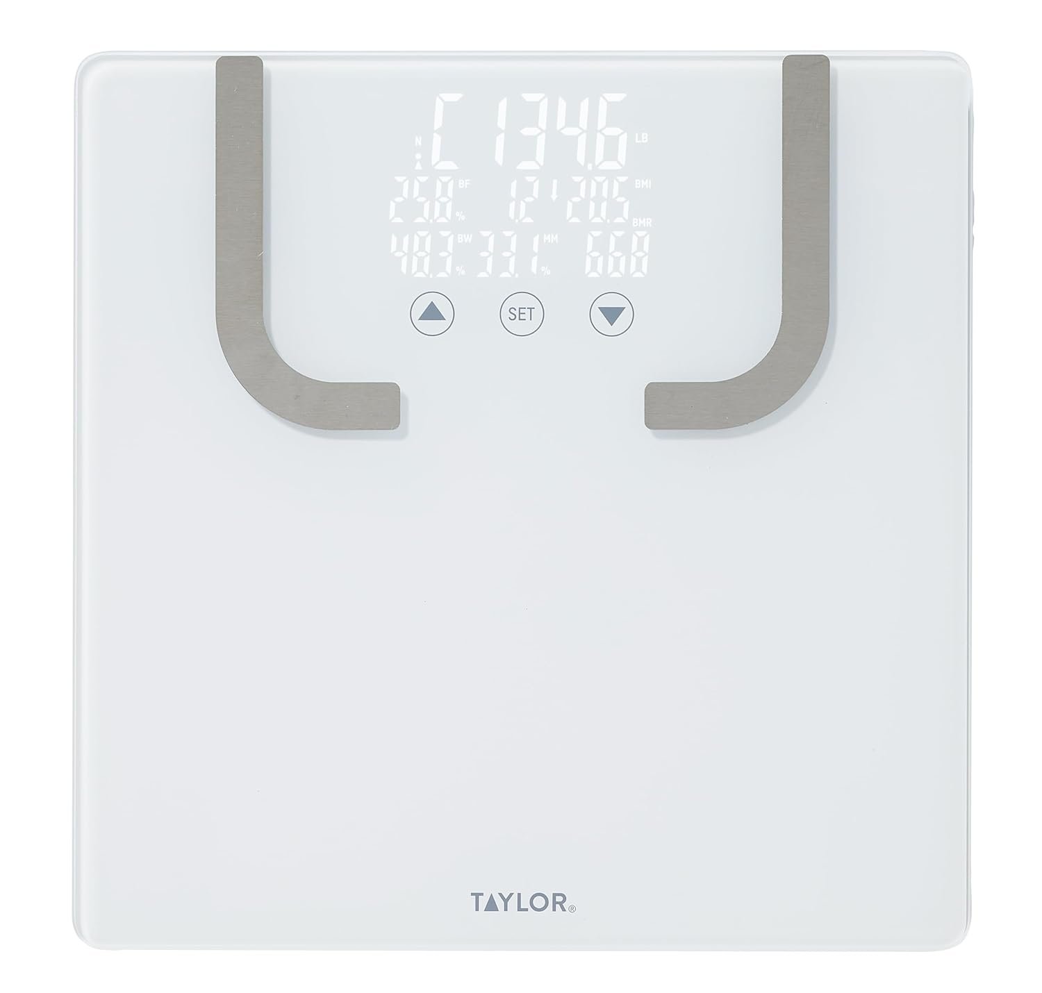 Taylor Smart Bathroom Scale with BIA Body Fat Analysis, Bluetooth App Sync, Digital Weight Monitor, BMI & BMR Tracking, 8 User Profiles, 440 lb Capacity, LED Display, Glass Platform, White