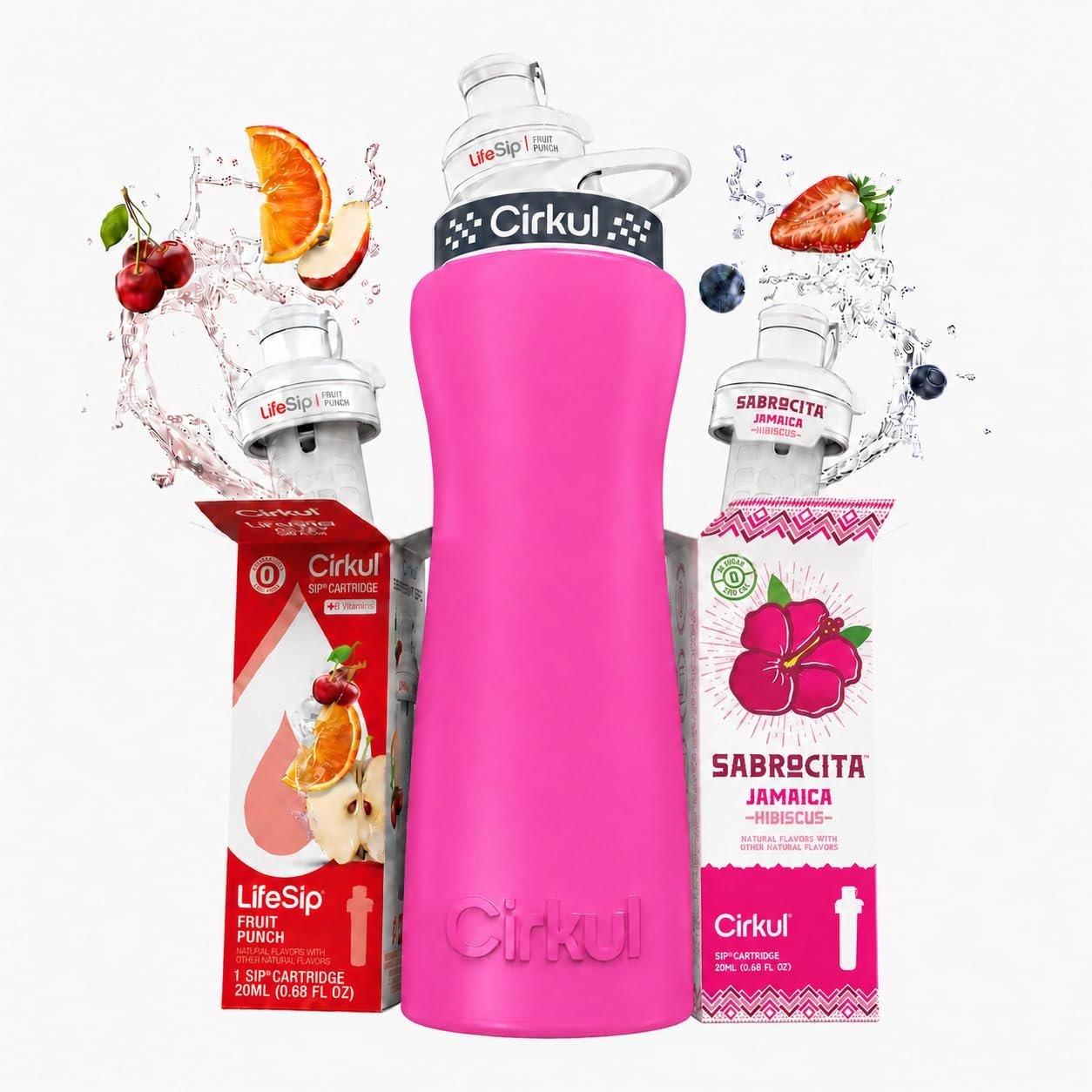Cirkul 42oz. Pink Stainless Steel Water Bottle Starter Kit with Black Lid and 2 Flavor Cartridges No Sugar, Zero Calorie Drink Mix