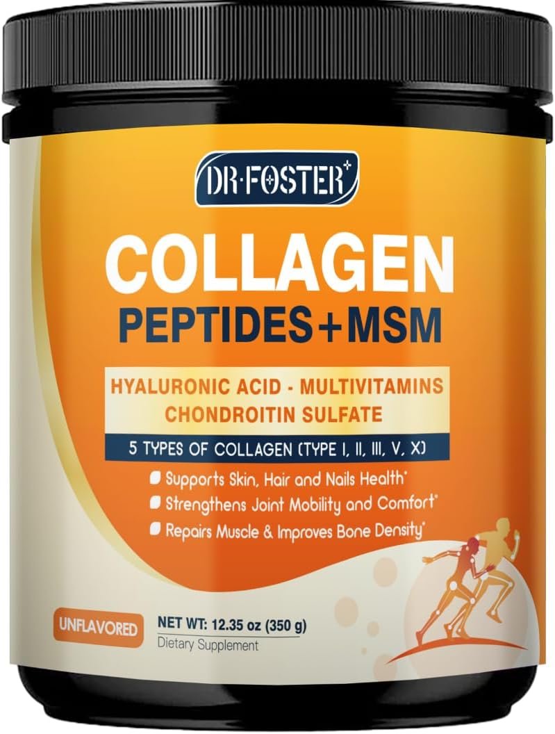 DRFOSTER Multi Collagen Peptides Powder for Women with MSM + CS & D3 – Type I, II, III, V, X Hydrolyzed Collagen with Vitamin C & Hyaluronic Acid for Skin Hair Nails & Joint, Non-GMO, 35 Servings