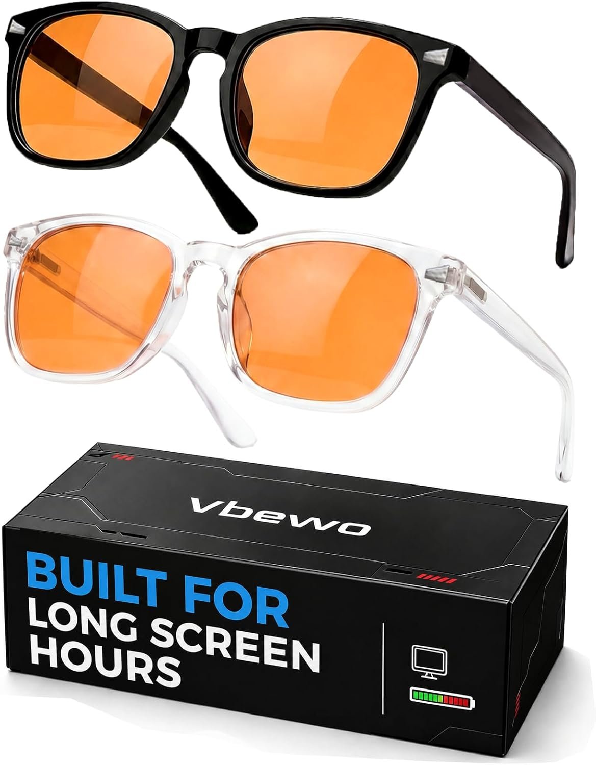 2 Packs Professional Sleep Glasses with 98.7% Blue Light Blocking Dual AR Coatings Amber Lens, Computer Gaming Glasses for Men Women, Anti Fatigue & Eye Strain