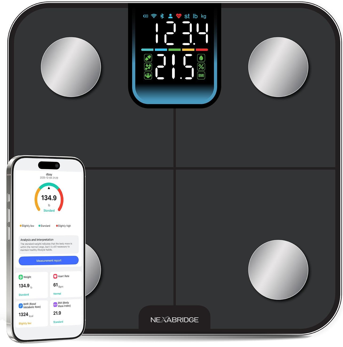 Smart Scale for Body Weight, BMI, Body Fat, Muscle Mass, 7-in-1 Large Display Digital Bathroom Scale, 25 Body Composition Analysis, Sync App, Bluetooth, 400 lbs – Nexa 3