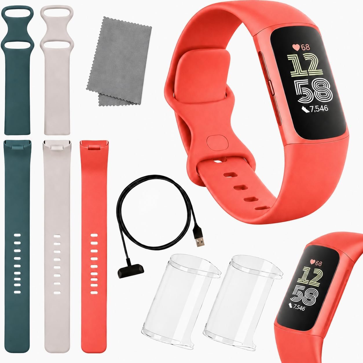 Fitbit Charge 6 Fitness Tracker (Bundle) – Heart Rate, GPS, Sleep & Stress Tracking + 2 Silicone Bands + 2 Protection Shields & Cleaning Cloth (Coral)