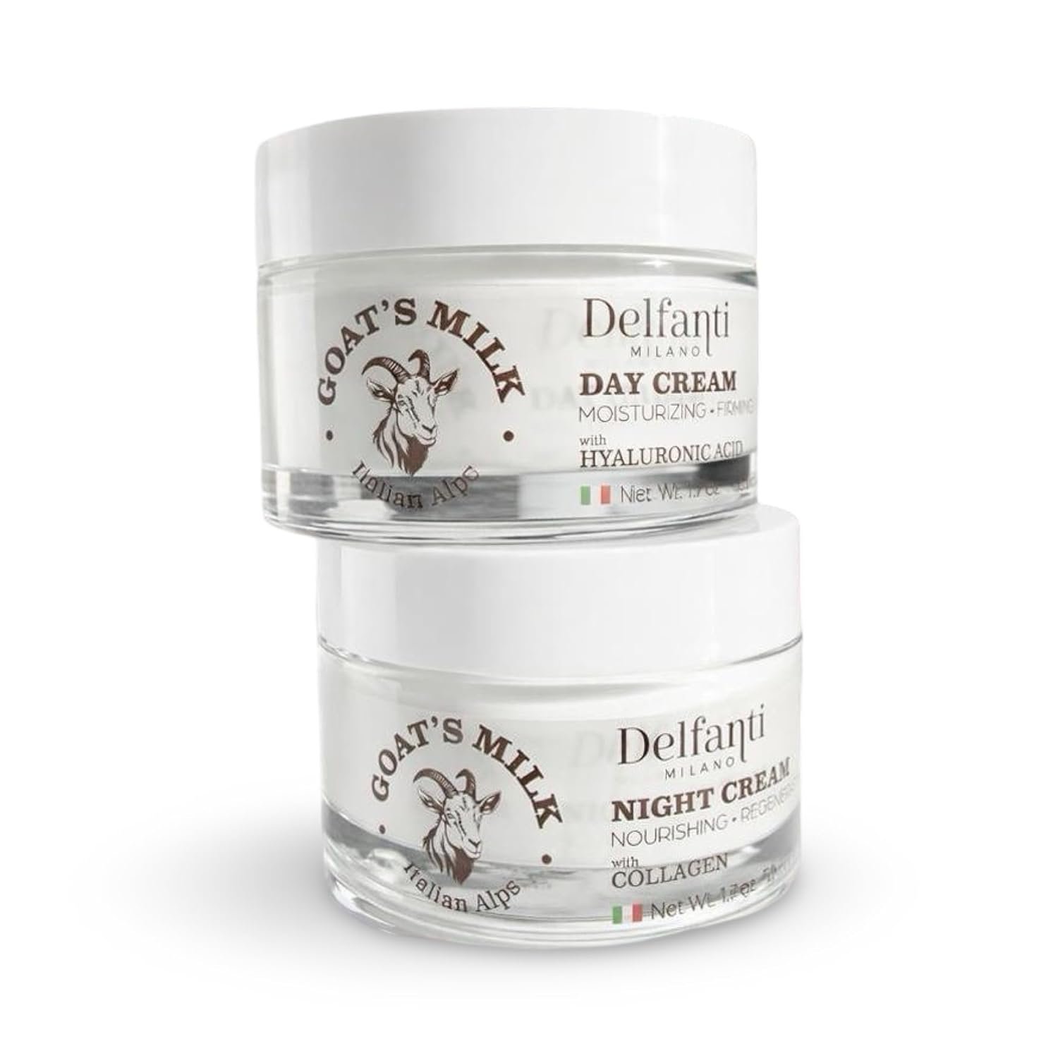 Delfanti-Milano • FULL SIZE DUO PACK • GOAT’S MILK with HYALURONIC ACID Day Cream and GOAT’S MILK with COLLAGEN Night Cream • Face and Neck Moisturizer • 2 x 1.7 oz jars • Made in Italy