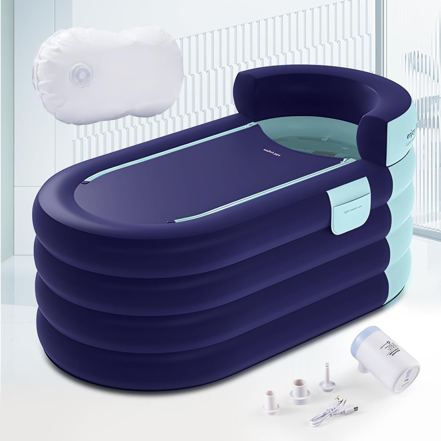 Inflatable Bathtub Adult 63” Portable Blow Up Bath Tubs with Cordless Air Pump, Ideal for Hot Ice Bath, Quick Drain Design with 9’10” Long Hose, Phone Pocket, Water Cushion (Blue)