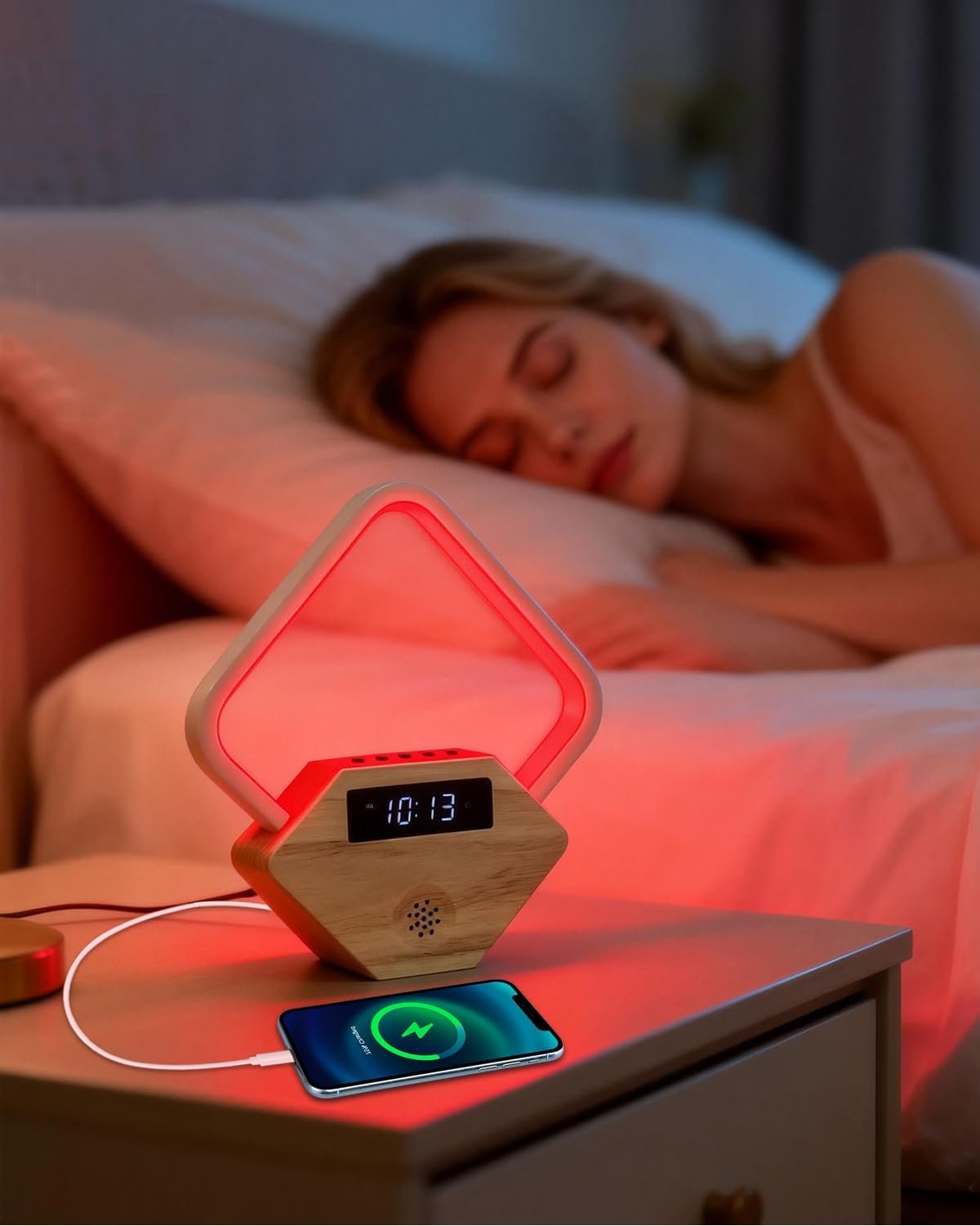 Red Light Therapy for Sleeping and Face 660nm Infrared with Sunrise Alarm Clock White Noise Machine 15 Soothing Sounds Sleep Aid 30/60/90min Timer 10 Alarm Ringtones USB C PD Phone Charger