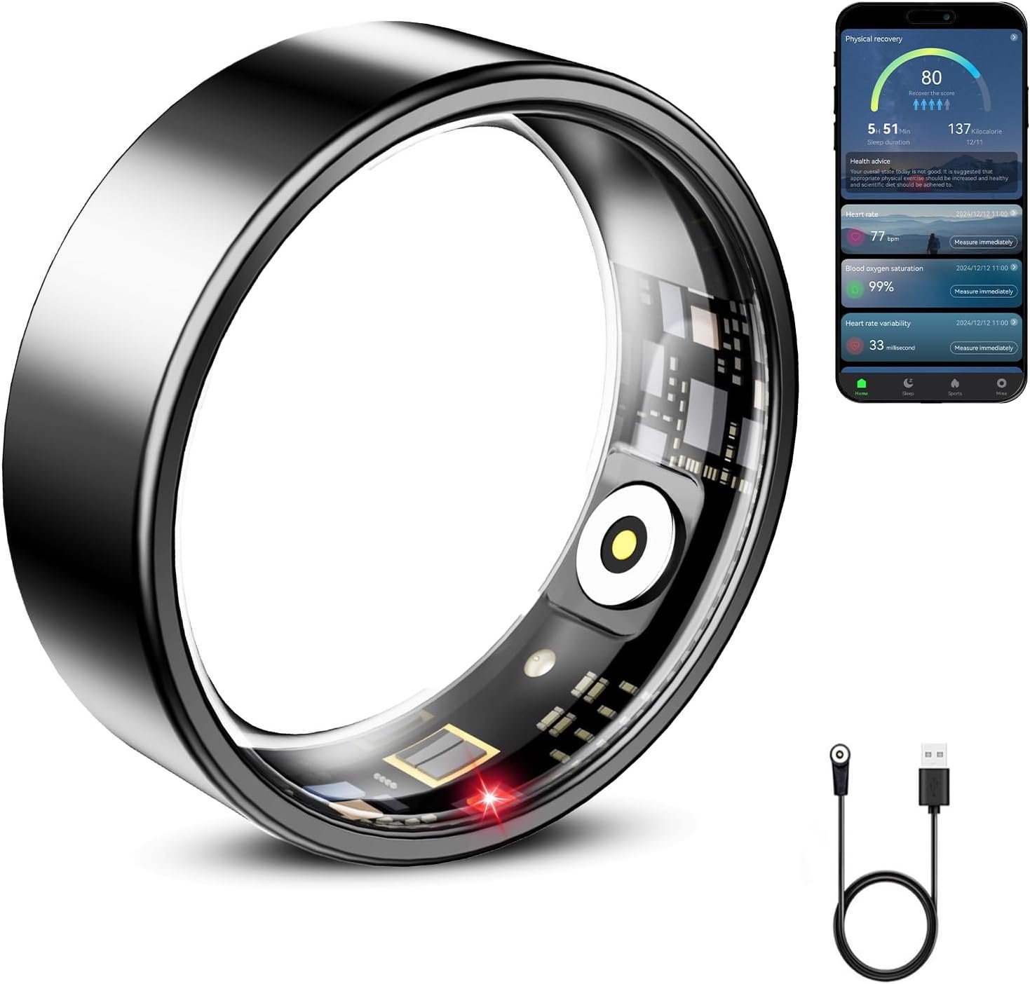 Mirlray Smart Ring for Women & Men, Smart Ring Health Tracker, Blood Oxygen & Heart Rate Monitor, Long Lasting Battery Sleep Ring, Waterproof Fitness Ring (Black, 10)