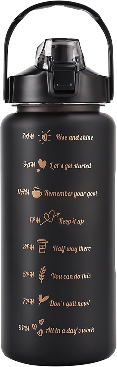 64 oz Motivational Water Bottle with Straw & Time Marker, Large BPA Free Leakproof Water Jug, Half Gallon Sports Water Bottle for Gym, Fitness, Hiking & Outdoor (Black)