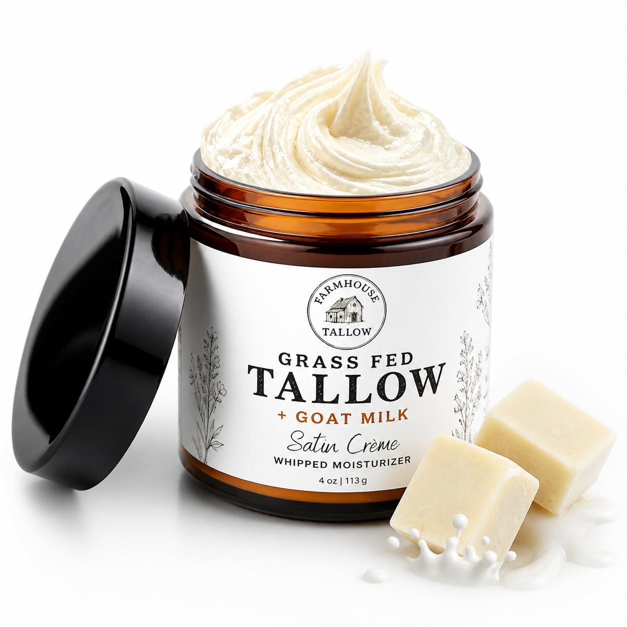 Grass Fed Beef Tallow Moisturizer with Goat Milk – Unscented Face & Body Cream for Dry & Sensitive Skin – Vitamin-Rich Daily Hydration with Shea, Mango, Kokum & Cocoa Butter – 4 oz Satin Crème