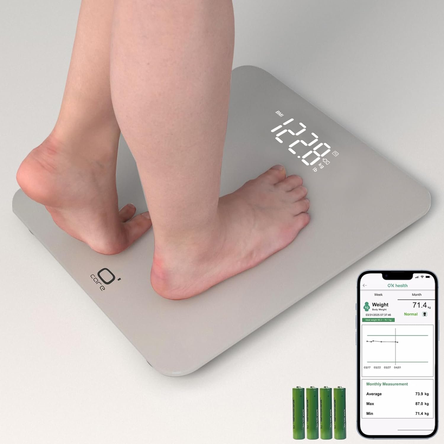 O’CARE Smart Scale for Body Weight and BMI Weighing,High Accuracy Digital Bathroom Scale with LED Large Display,Smart APP Sync Weight Scale 440lb (Silver)