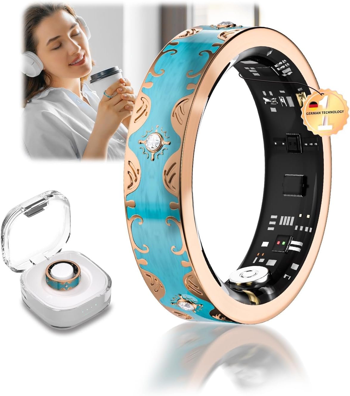 6 Gen Diamond Smart Ring and Wireless Charging Case 【Industry Rank 1-0 Measurement Error】 2026 Smart Ring for Women – Advanced Health Tracker for Wellness and Activity Tracking, Blue 9#