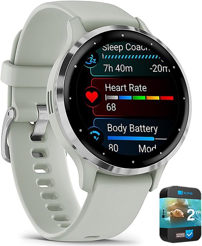 Garmin Venu 3S (Refurbished) Silver Stainless Steel Bezel 1.2-Inch AMOLED Smartwatch with 41mm Sage Gray Case w/Band (Renewed), 010-N2785-01 – Bundle w/Deco Essentials 2-Year CPS Plan
