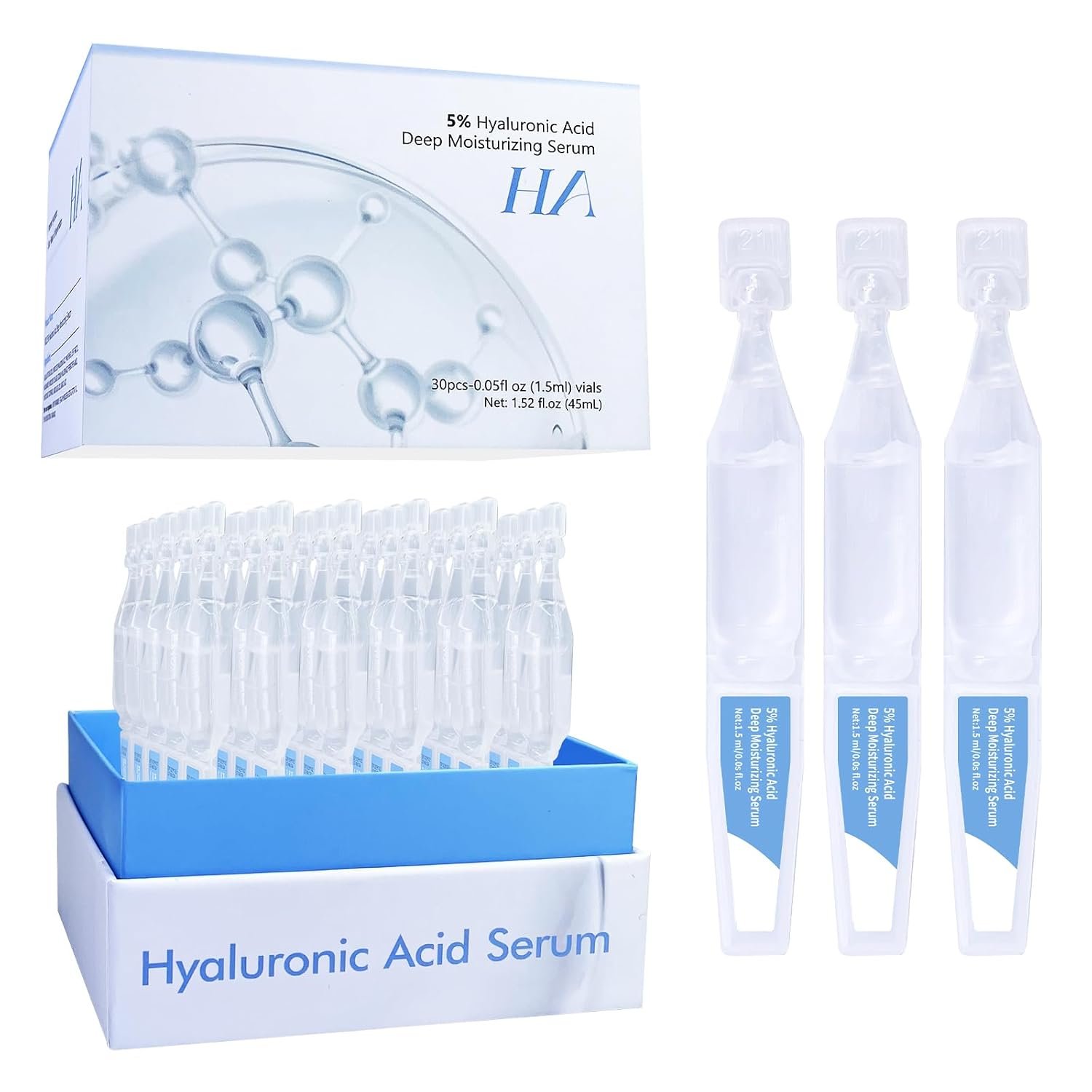5% Hyaluronic Acid Serum Ultra Moisturizing & Elastic Skin – Wake Nature Perfection Hyaluronic Acid – Anti-Aging Serum for Face Single-Use Vials Skincare – Repair Sensitive Skin (1.5 ml)*30