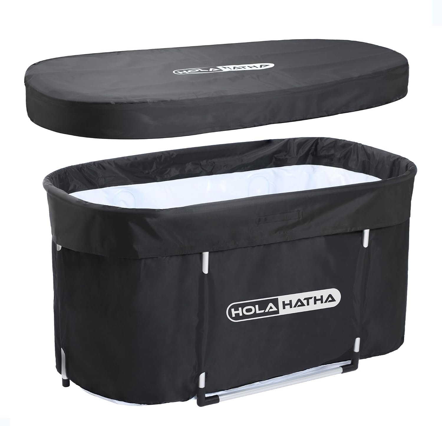 HolaHatha 129 Gal Ice Bath Tub, Portable Hot/Cold Water Plunge for Athletes, Collapsible Oval Recovery Tub with Lid & Quick Drain System