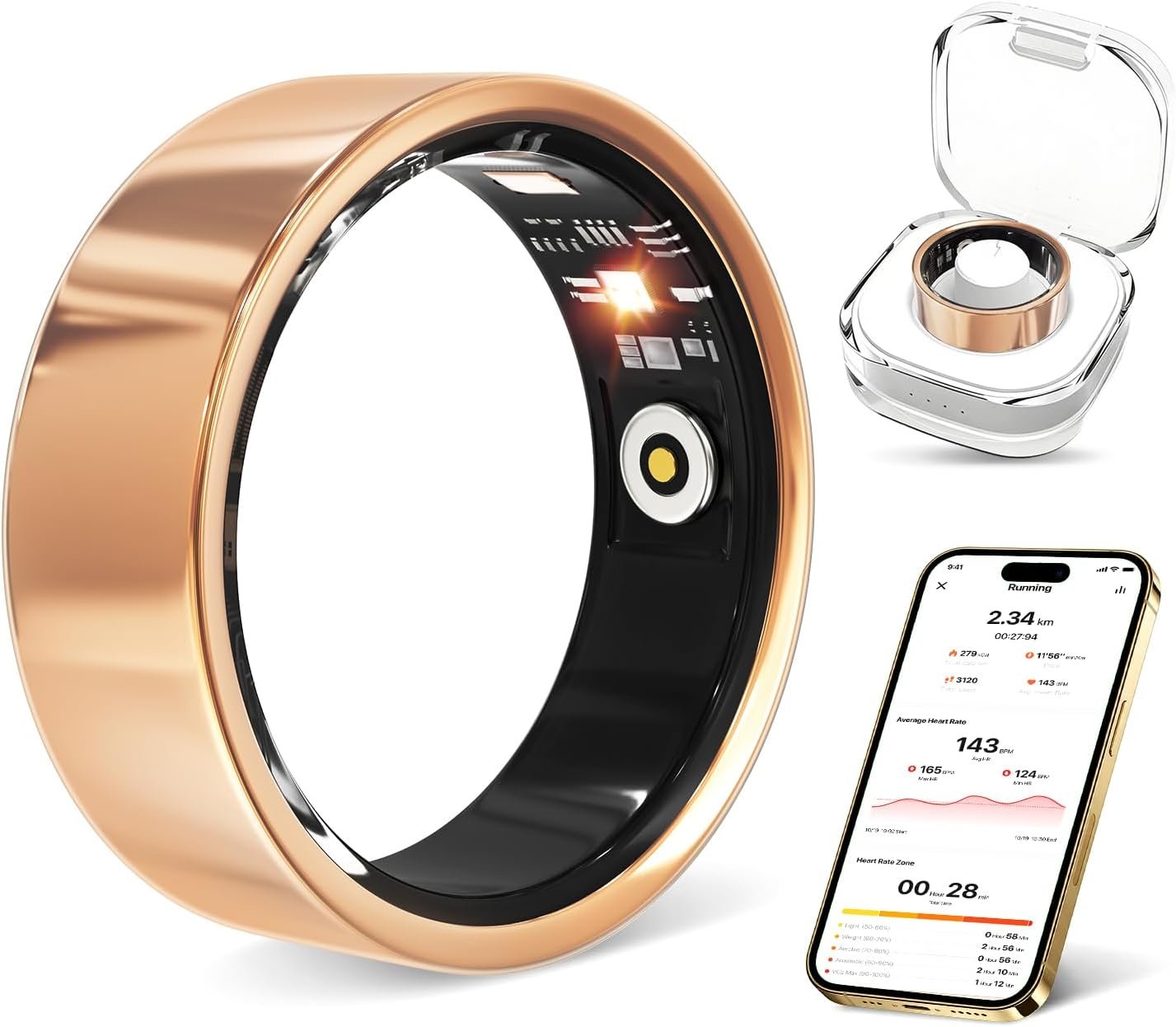 Smart Ring with Heart Rate, Blood Oxygen, Sleep Tracker, Step Tracker, IP68 Waterproof Fitness Tracker Fitness Ring for Women Men, Compatible with iOS & Android (Gold, 8#)