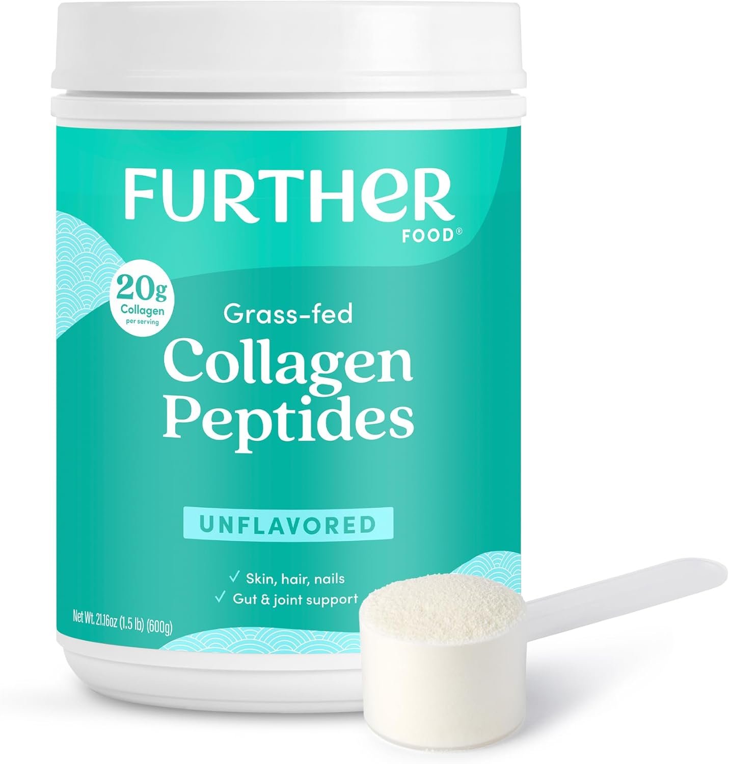 Further Food Unflavored Collagen Peptides Powder – 100% Grass-Fed, Hydrolyzed Type 1 & 3, 20g of Collagen per Serving, Supports Skin, Hair, Nails & Joints, 21.16 Oz