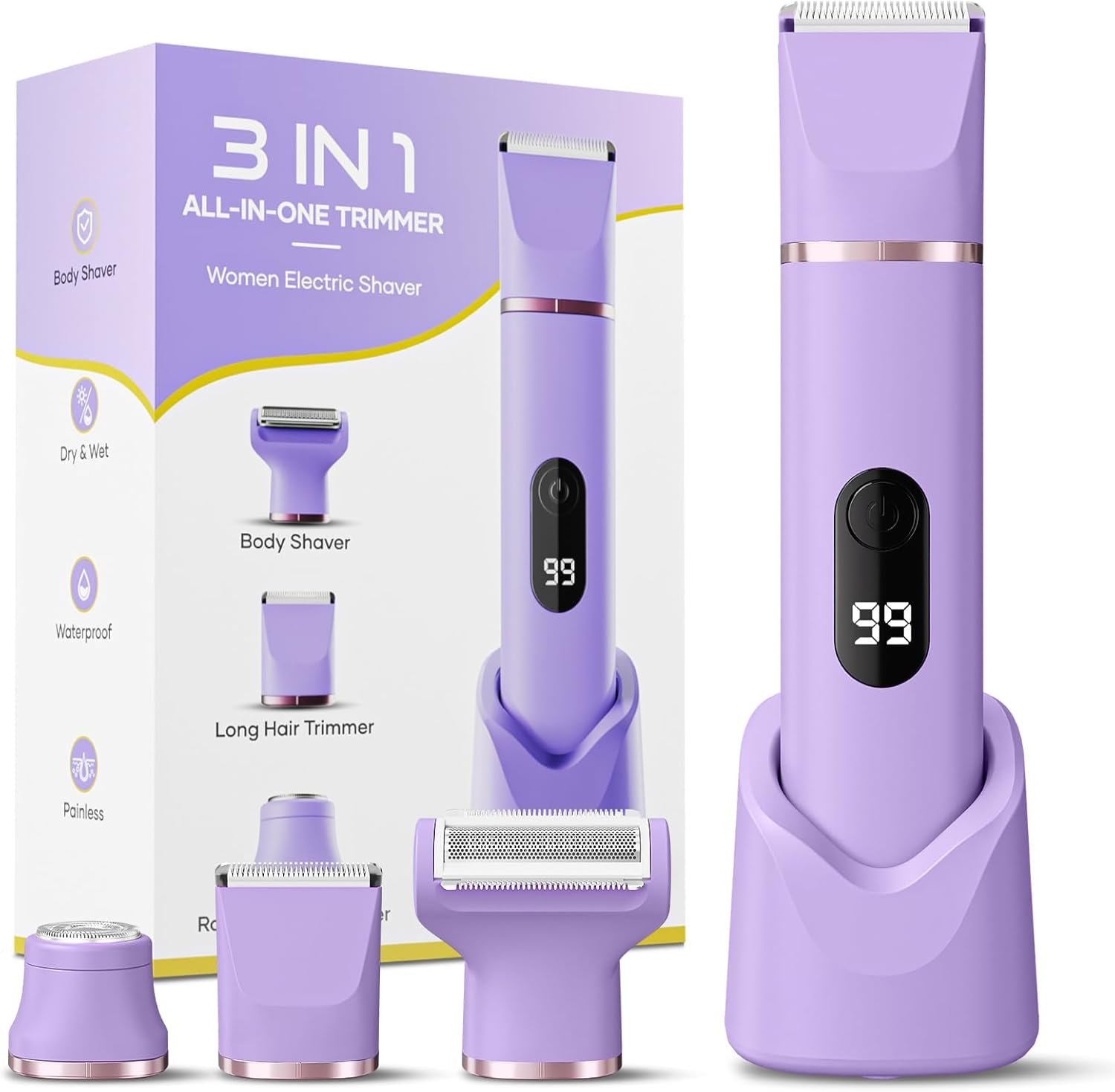 Bikini Trimmer for Women, Tiovara Electric Razor for Private Area, Painless Pubic Hair Trimmer with Charging Dock, IPX7 Waterproof Wet & Dry Lady Shaver for Leg Underarm Arm Body, Gift for Her