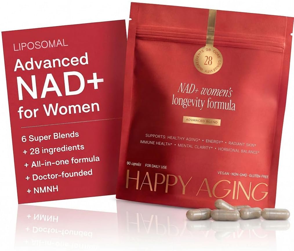 Happy Aging NAD+ Supplement for Women | NAD Booster with NMN, NMNH, NR, Resveratrol, CoQ10 – Supports Energy, Focus, Skin Glow & Daily Vitality, 30-Day Supply