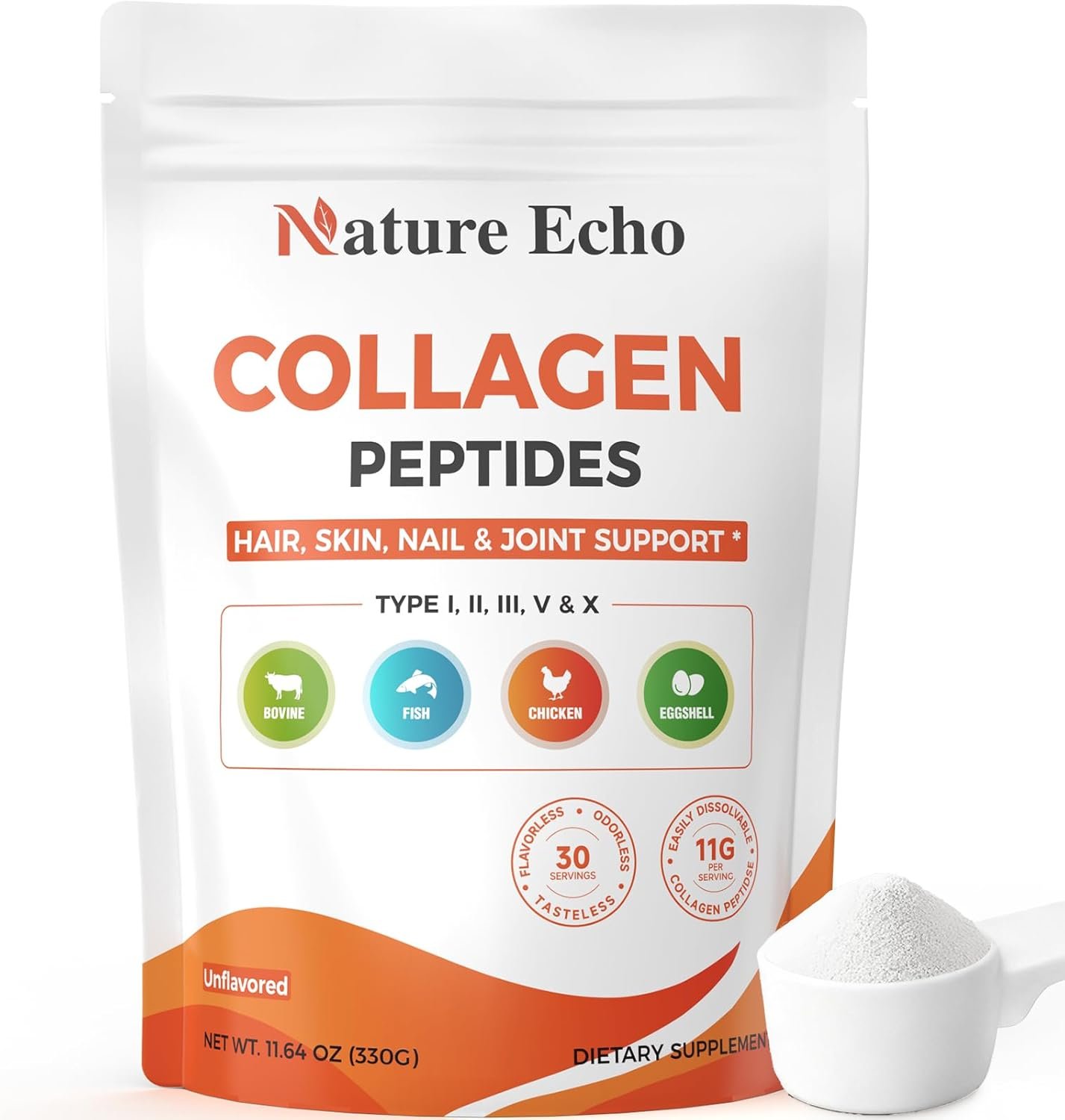 Collagen Peptides Powder 11g Hydrolyzed Types I II III V X Unflavored 30 Servings