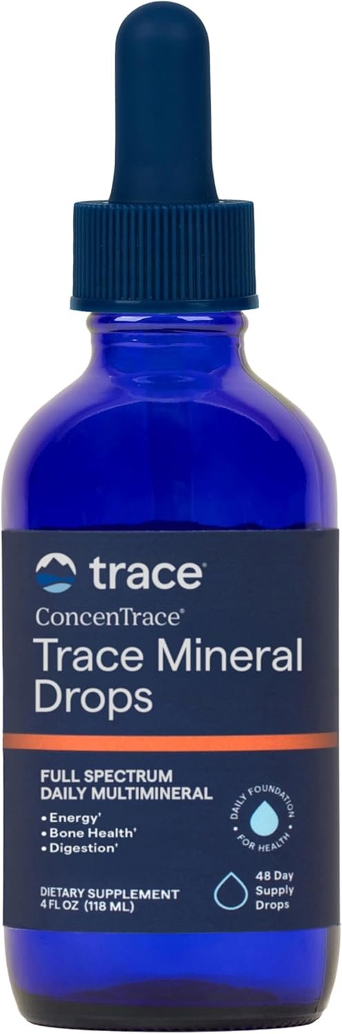 Trace Minerals ConcenTrace Drops | Full Spectrum Minerals | Ionic Liquid Magnesium, Chloride, Potassium | Low Sodium | Energy, Electrolytes, Hydration | 48 Day Supply, 4 fl oz Glass Bottle