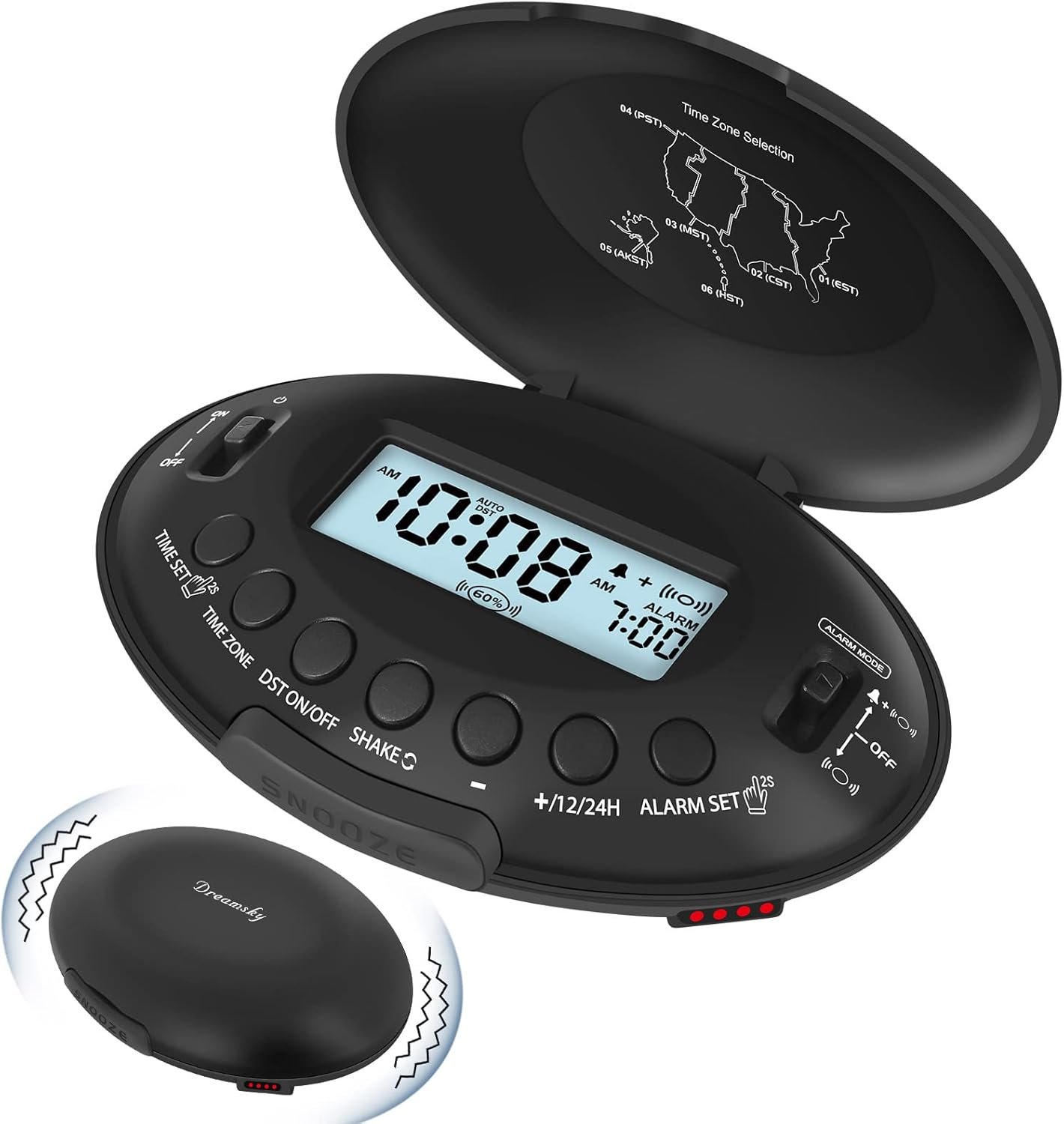 DreamSky Vibrating Alarm Clock for Heavy Sleepers – Bed Shaker Alarm Clock Under Pillow for Adults Teens Kids & Hearing Impaired, Rechargeable Battery Operated for Bedroom, Travel, Auto DST, Backlight
